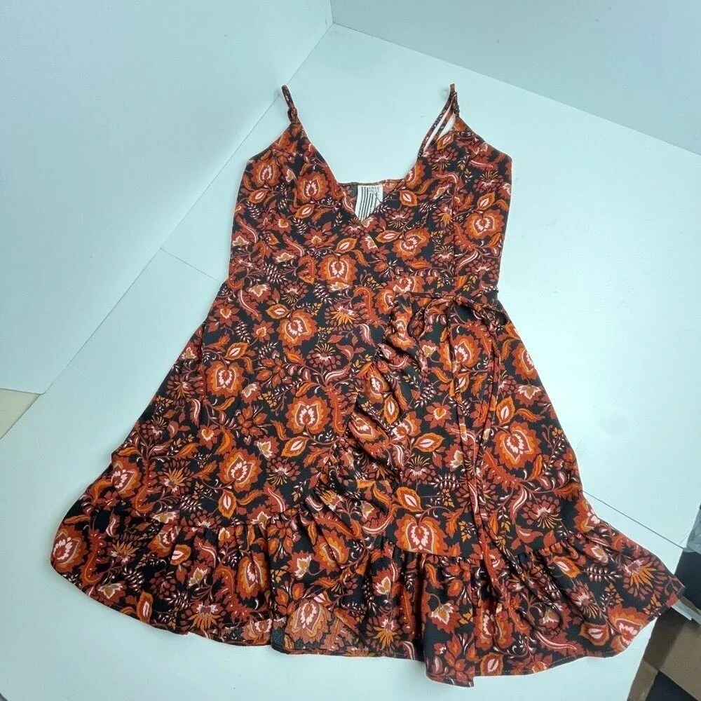 Free People Floral Faux Wrap Mini Dress Rust Orange Ruffle Hem XS OB810871